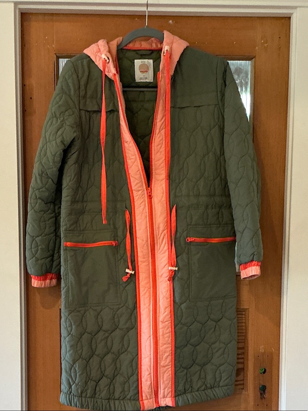 Anthropologie Olive Green Quilted Long Puffer with Coral Trim
